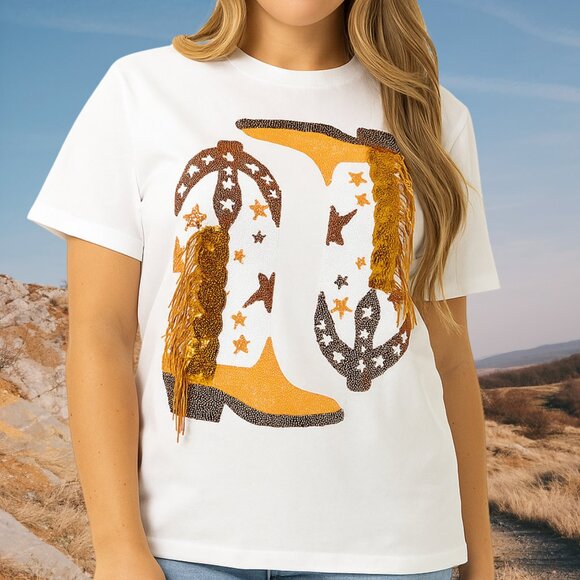 QUEEN OF SPARKLES Tops - QUEEN OF SPARKLES Orange White Sequins Western Fringe Cowboy Boots Cowgirl Shirt